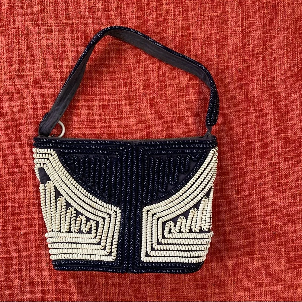 VTG 40’s Black Navy White Stripes Telephone Cord Wire Bag Purse